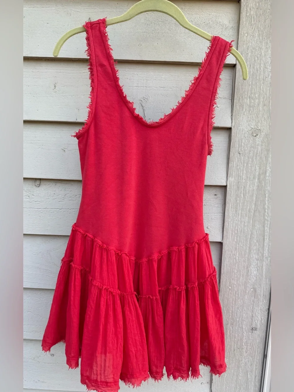 Free People Coral Red Frayed Tiered Dress